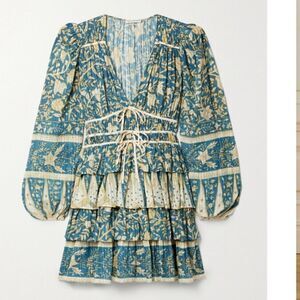 NWT Ulla Johnson Nina Tiered Printed Cotton-blend Voile Mini Dress blue cream